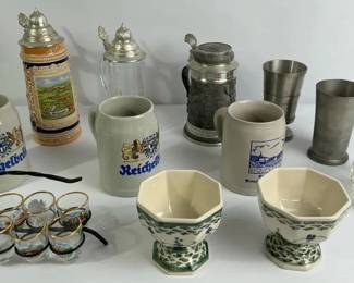 German Beer Stein Barware Lidded Steins, Pewter Cups Shot Set