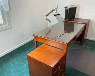 Wood Thomasville Executive Desk w Glass Top Matching File Cabinets