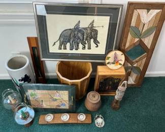 Eclectic Home Decor Lot Wood Art Glass Candle Holders Wall Decor