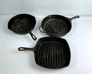 Cast Iron Skillet Grill Pan Lot 3 Pieces Great for Cooking or Restoration