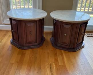 Pair Marble Top End Tables Wood Nightstands w Storage