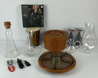 Barware Lot w Decanters, Ice Bucket, Brookstone Wine Caddy