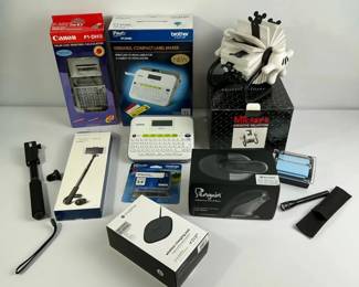 Office Supplies Lot with Label Maker, Calculator, Selfie Stick, and Desk Accessories