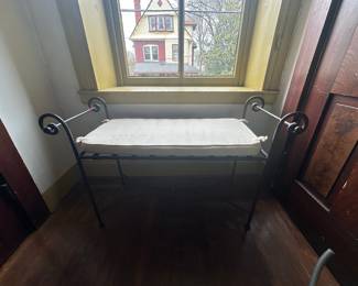 Wrought Iron Bench with Scroll Arms and Upholstered Seat