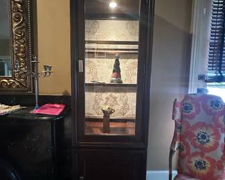 Victorian Mahogany Display Cabinet with Damask Wallpaper