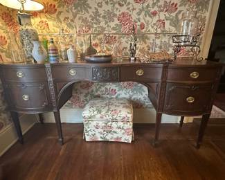 Antique Mahogany Serpentine Front Sideboard with Carved Accents and Ottoman