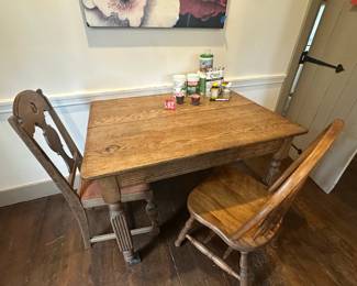 Antique Oak Farmhouse Table with Two Chairs