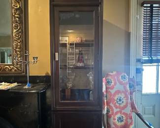 Victorian Mahogany Display Cabinet with Damask Wallpaper