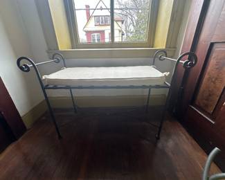 Wrought Iron Bench with Scroll Arms and Upholstered Seat