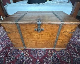 Antique Wooden Steamer Trunk with Metal Strapping