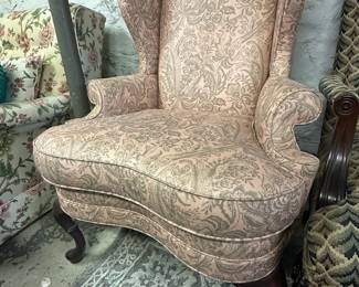 Queen Anne Style Wingback Armchair with Paisley Upholstery