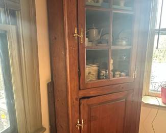 Antique Pine Corner Cupboard with Glass Doors