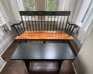 L. Hitchcock Black Harvest Stenciled Maple Windsor Bench with Fruit Motif