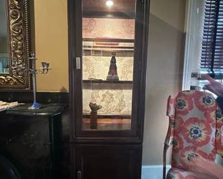 Victorian Mahogany Display Cabinet with Damask Wallpaper
