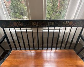 L. Hitchcock Black Harvest Stenciled Maple Windsor Bench with Fruit Motif