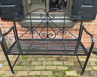 Black Wrought Iron Garden Bench with Scrollwork