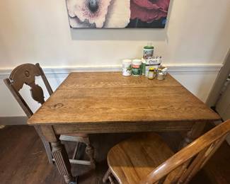Antique Oak Farmhouse Table with Two Chairs