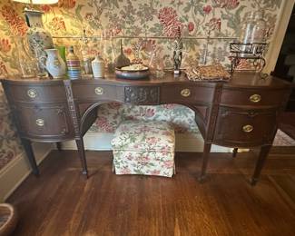 Antique Mahogany Serpentine Front Sideboard with Carved Accents and Ottoman