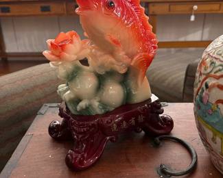 Vintage Faux-Cinnabar & Jadeite Resin Koi Fish Sculpture
