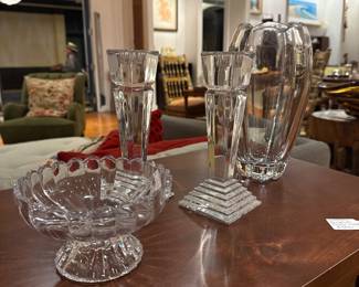 Art Deco Style Crystal Candlestick and Scalloped Compote Dish