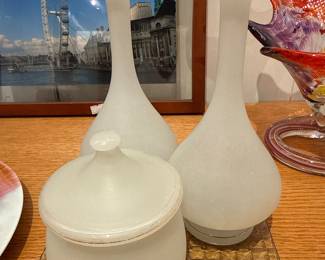 Mid-Century Frosted Satin Glass Bud Vases and Covered Jar Set
