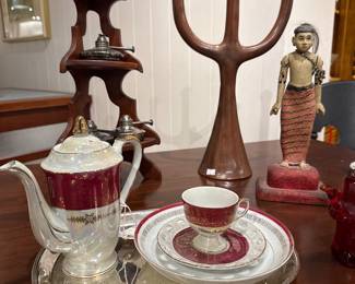 Vintage Lusterware Tea Service with Rosewood Candelabra and Carved Totem
