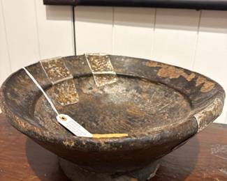 Hand-Carved Primitive Footed Wood Bowl with Metal Repairs