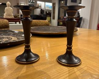 Vintage Bronzed Resin Candlestick Pair with Gold Gilt Accents