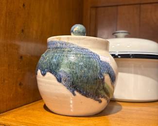 Studio Pottery Blue and Green Drip Glaze Lidded Jar