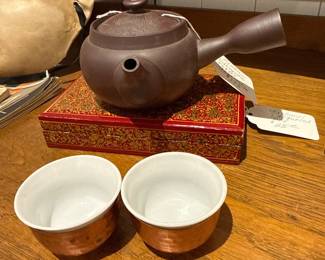 Japanese Kyusu Side-Handle Teapot with Hammered Copper Cups