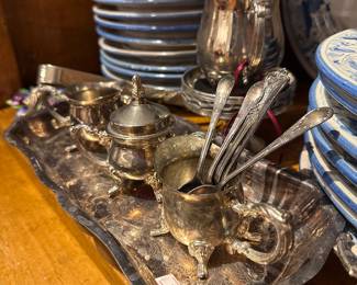 Vintage Footed Silver-Plated Condiment and Spoon Set with Scalloped Gallery Tray