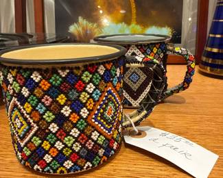 Hand-Beaded Zulu Geometric Enamel Mug Pair
