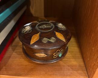 Gemini said Vintage Carved Rosewood Trinket Box with Inlaid Brass Leaves and Stone Accents