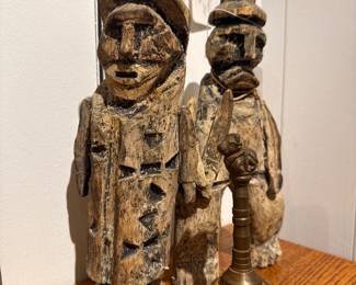 Primitive Hand-Carved Wooden Figures and a Vintage Brass Altar Bell.