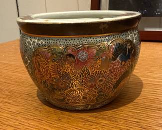 Vintage Satsuma Style Gilt-Trimmed Floral Fish Bowl Planter