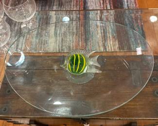 Murano Style Green and Yellow Striped Glass Tropical Fish Glass Dish
