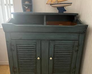 Distressed Blue Louvered Cabinet