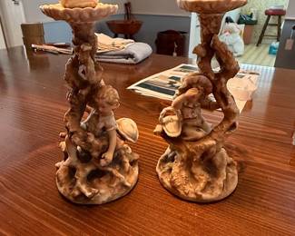 Pair of Capodimonte Style Porcelain Cherub Candlesticks