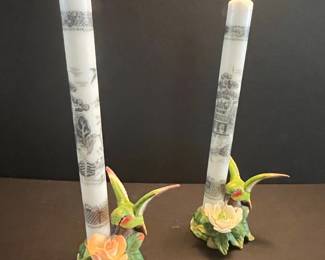 Porcelain Figurine Candle Holders with Hummingbirds and Roses, and Transferware Candles