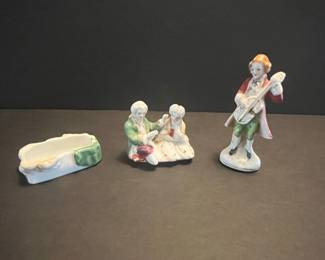 Porcelain Figurine Set: Musical Couple, Lute Player, and Trinket Dish