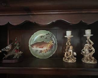 Capodimonte Style Porcelain Figural Candlesticks, Bird Figurine, and Fish Plate