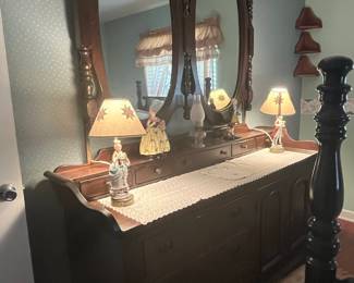 Antique Triple Pedestal Dresser with Mirror