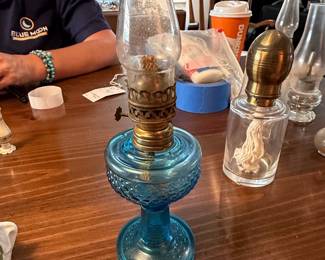 Blue Hobnail Pattern Pressed Glass Oil Lamp