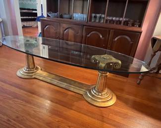 La Barge Style Hollywood Regency Brass and Glass Oval Coffee Table