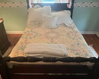 Victorian Style Dark Wood Four-Poster Bed Frame with Pineapple Finials