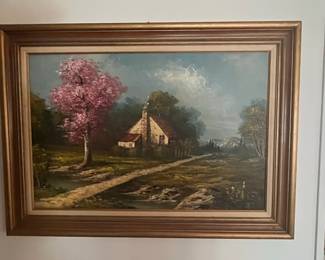 Oil Painting of a Cottage with Pink Tree by George W. Drew