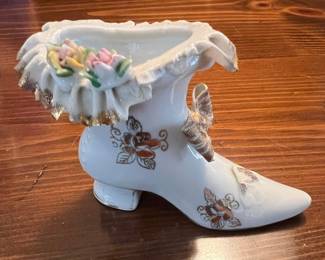 Vintage Porcelain "Lady's Slipper" Figurine with Floral Accents and Gold Trim