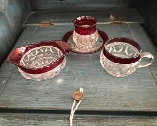 King's Crown Thumbprint Ruby Flashed Glass Set