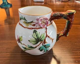 Victorian Majolica-style Ceramic Pitcher with Floral and Butterfly Motifs