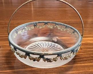 Frosted Glass Basket with Ornate Metal Trim and Handle